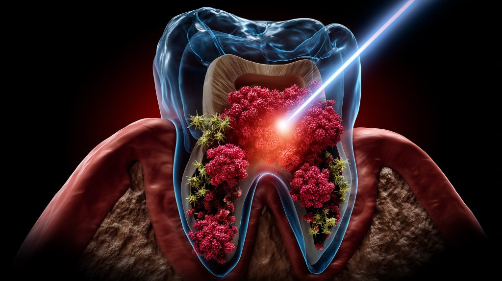 3D illustration of laser dental treatment targeting tooth infection